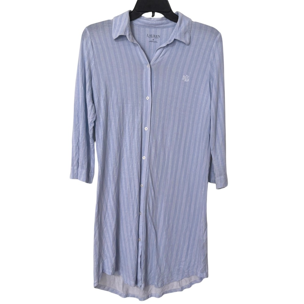 Lauren Ralph Lauren Womens M Sleep Shirt Blue White Striped 3/4 Sleeve Nightgown